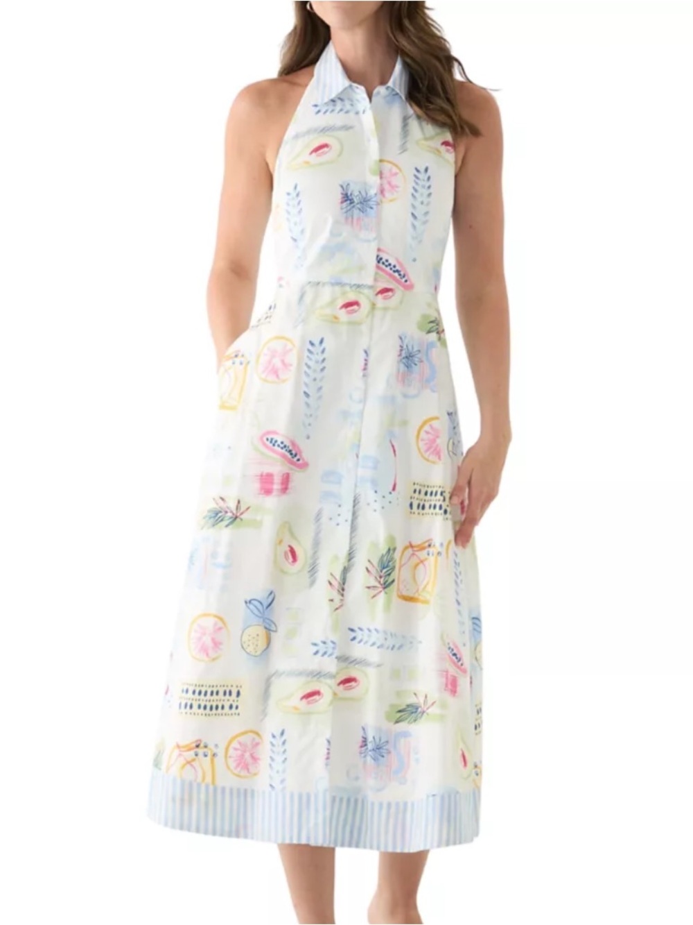 Crown & Ivy Sleeveless Fruit Print Cotton Halter Midi Dress Button Front Size XL